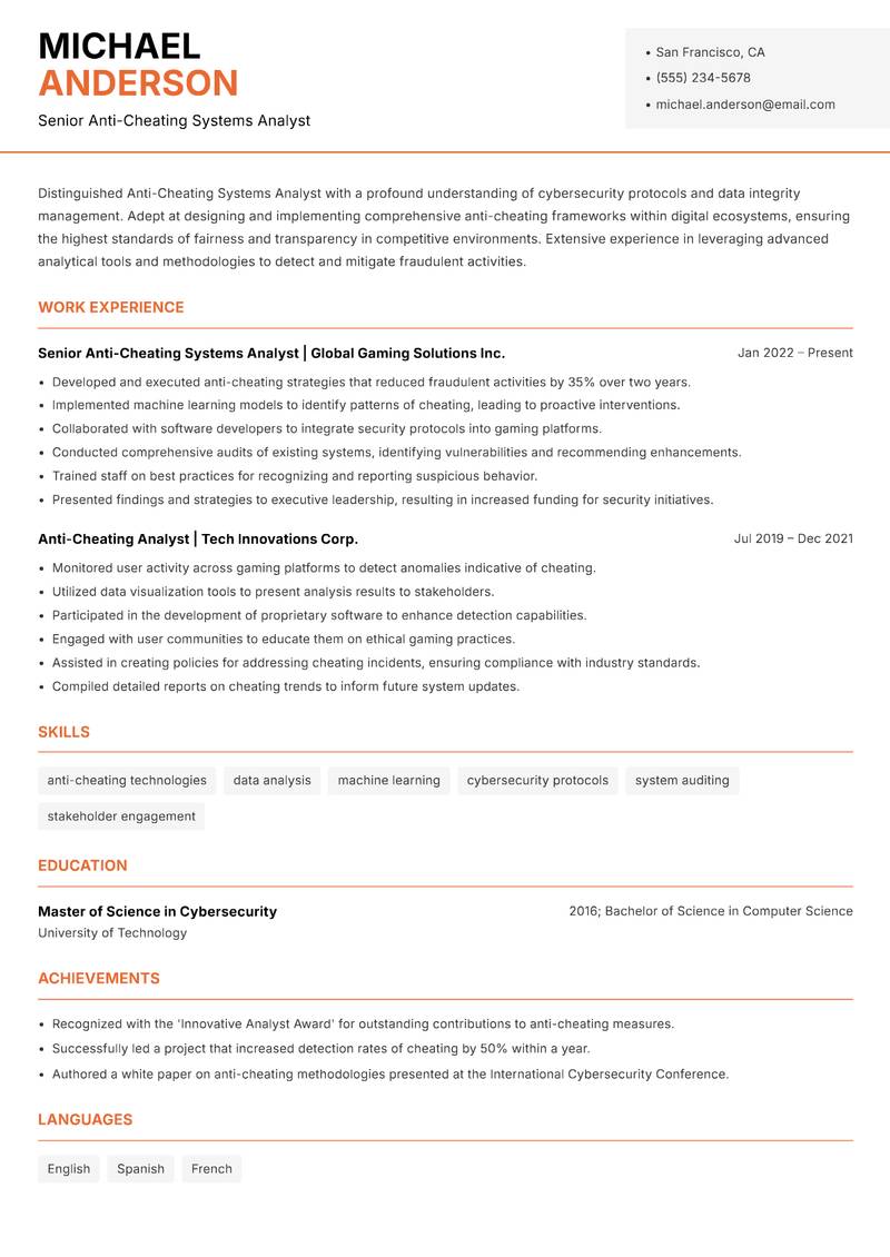 Anti-Cheating Systems Analyst resume template — Modern Professional