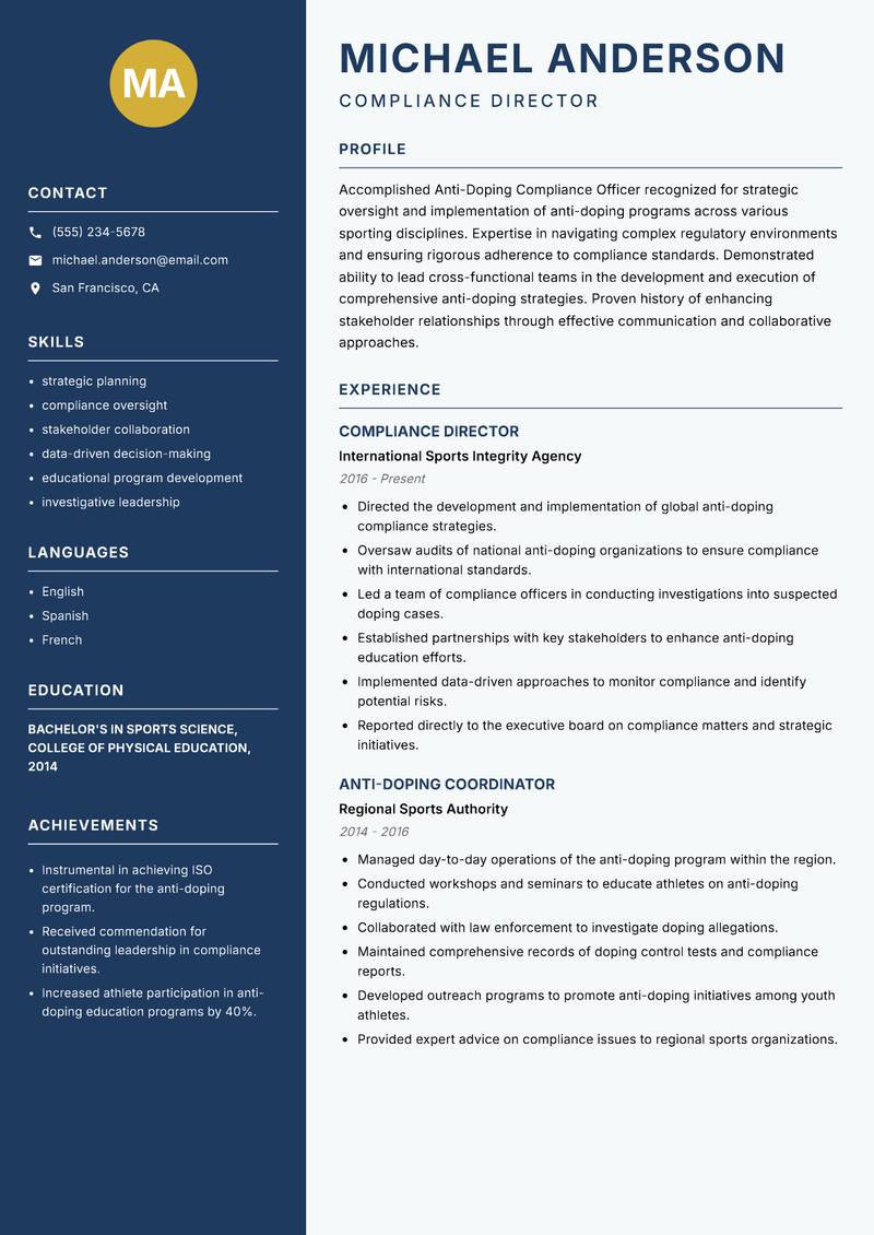 Anti-Doping Compliance Officer resume template — Classic Clean