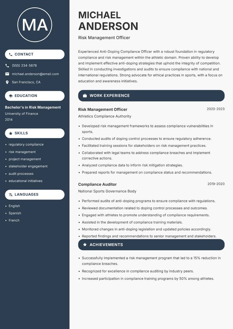 Anti-Doping Compliance Officer resume template — Compact