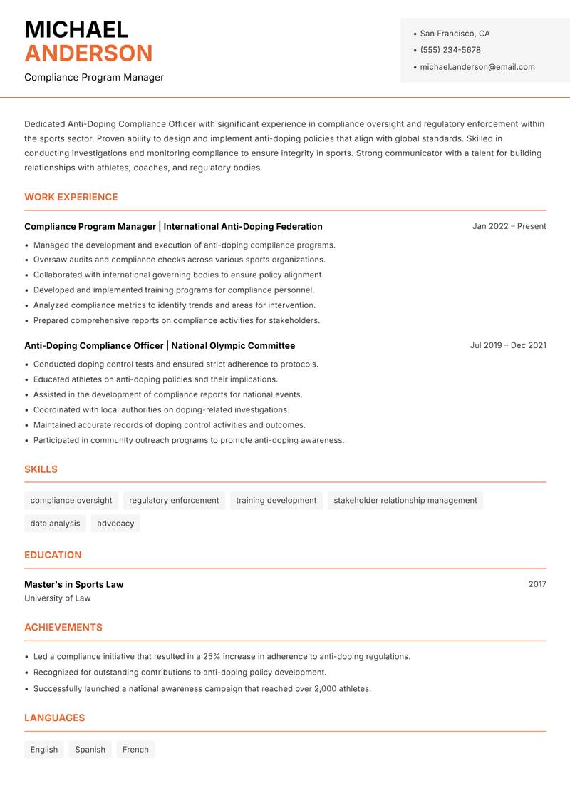 Anti-Doping Compliance Officer resume template — Modern Professional
