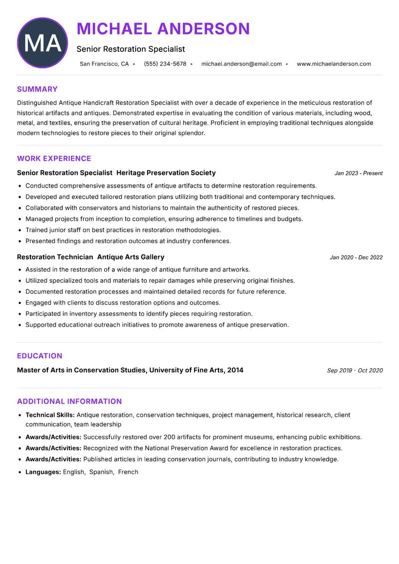 Antique Handicraft Restoration Specialist resume example — Traditional Handicrafts