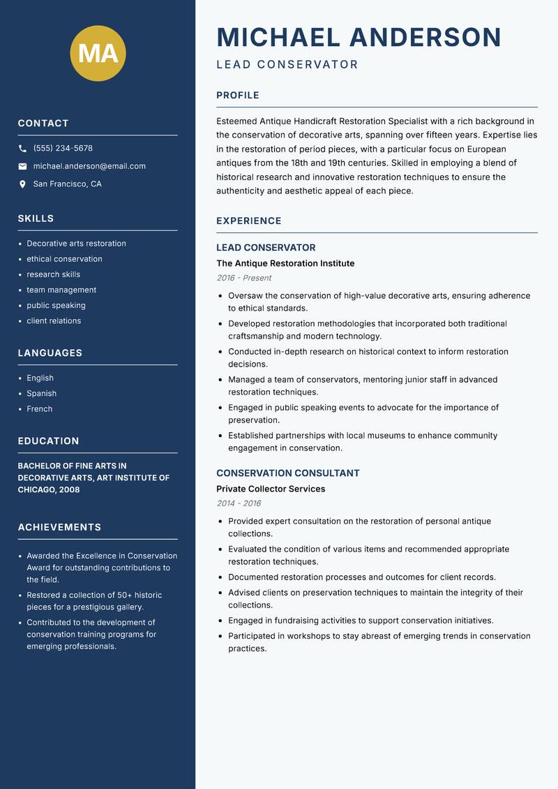 Antique Handicraft Restoration Specialist resume template — Classic Clean
