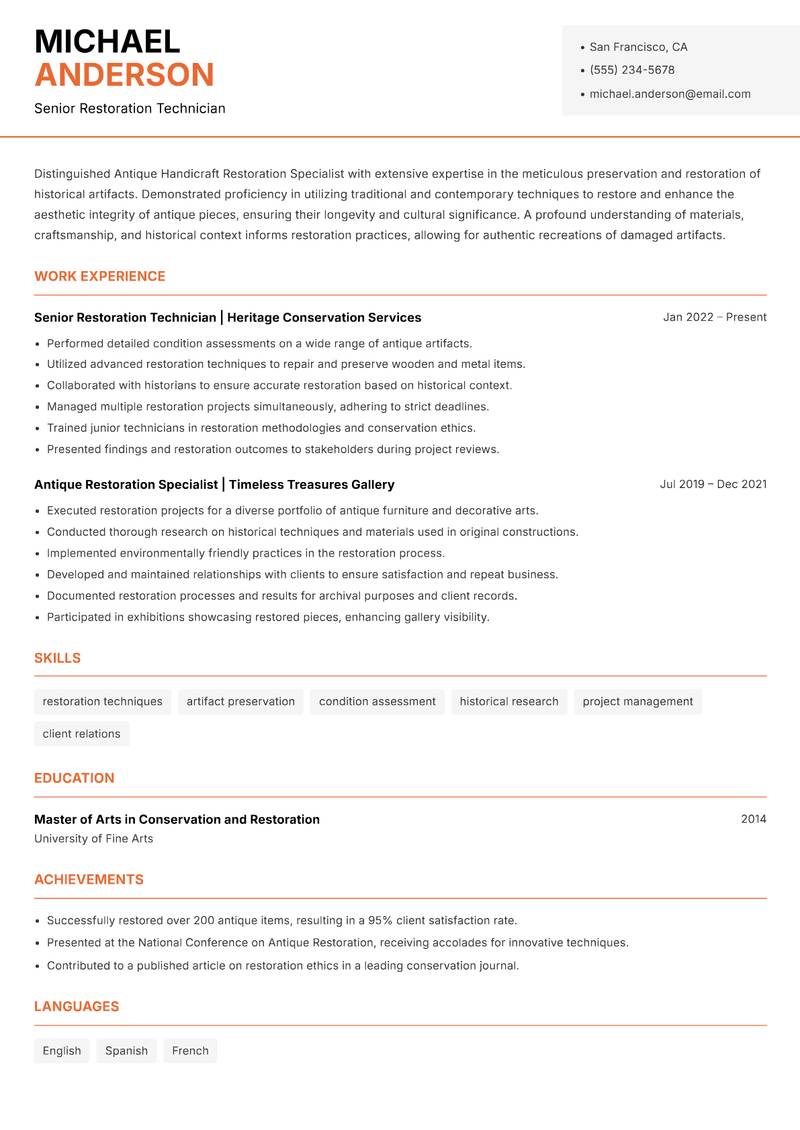 Antique Handicraft Restoration Specialist resume template — Modern Professional