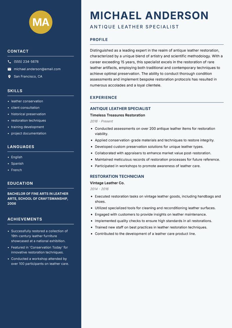 Antique Leather Restoration Specialist resume template — Classic Clean