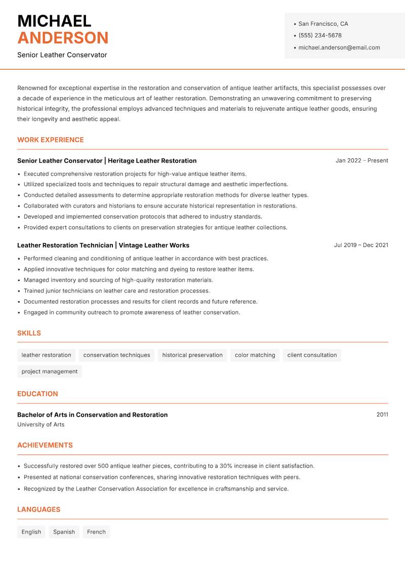 Antique Leather Restoration Specialist resume template — Modern Professional