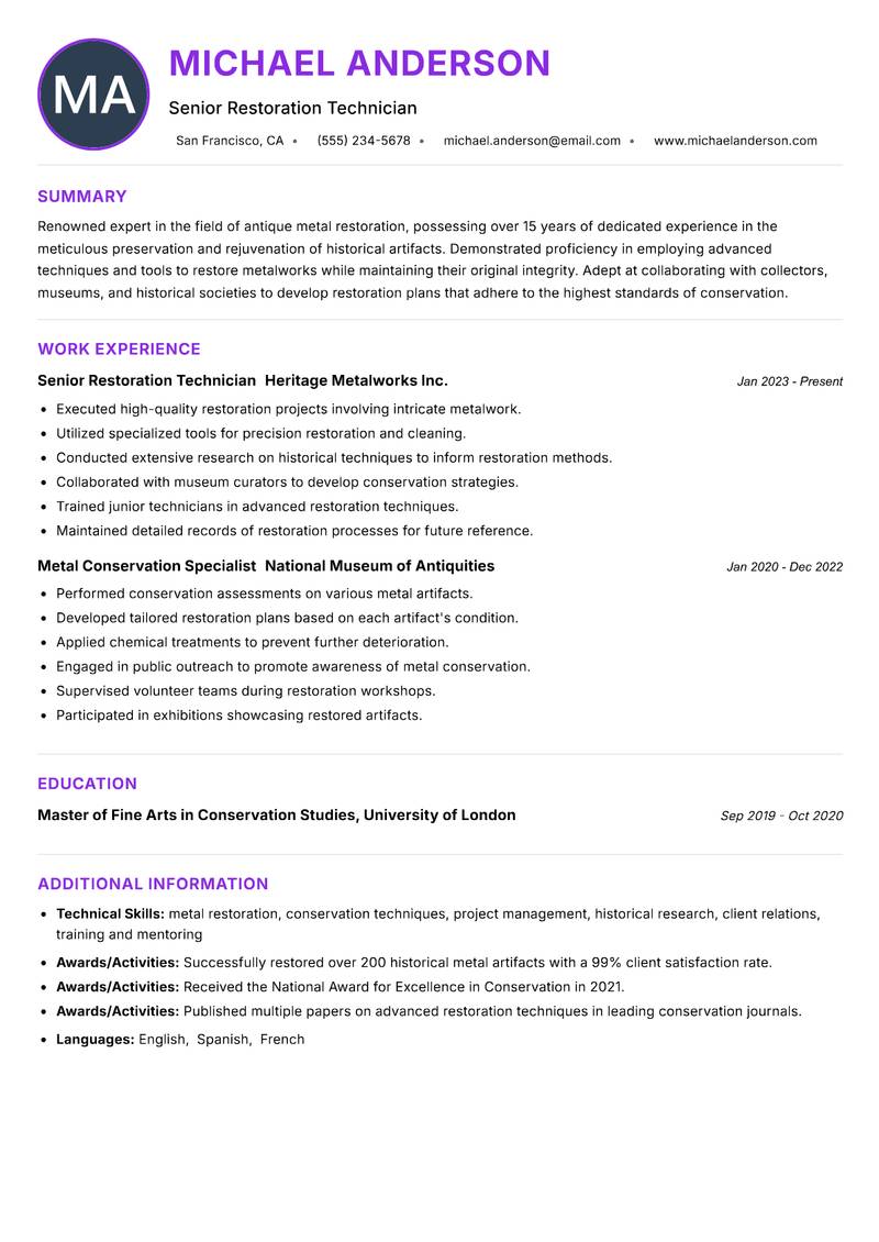 Antique Metal Restoration Specialist resume example — ATS-friendly template
