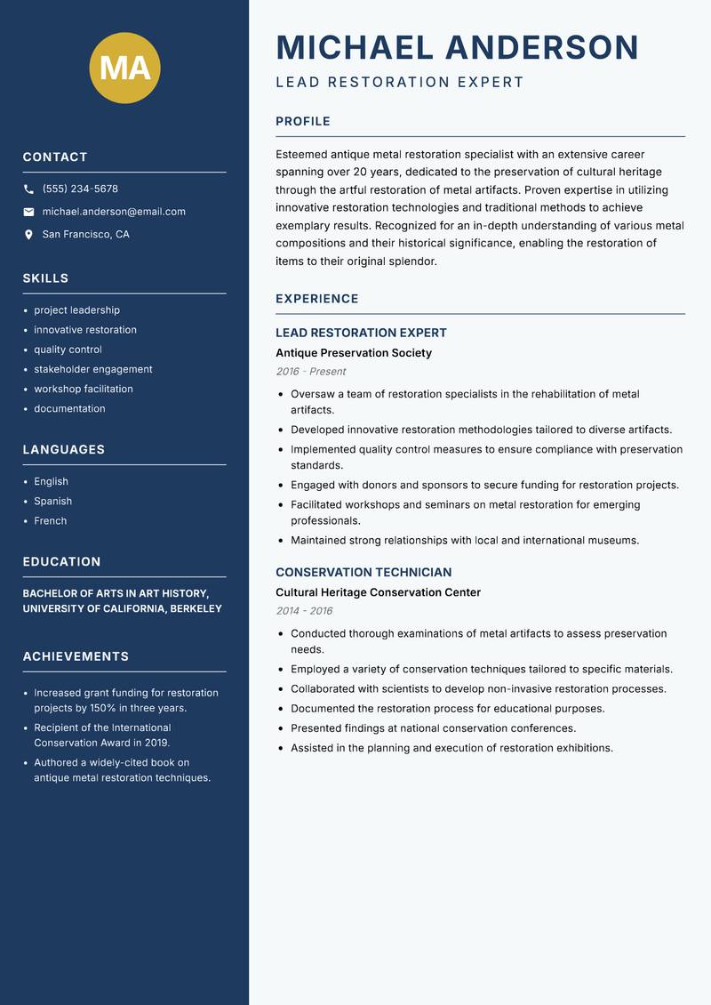 Antique Metal Restoration Specialist resume template — Classic Clean