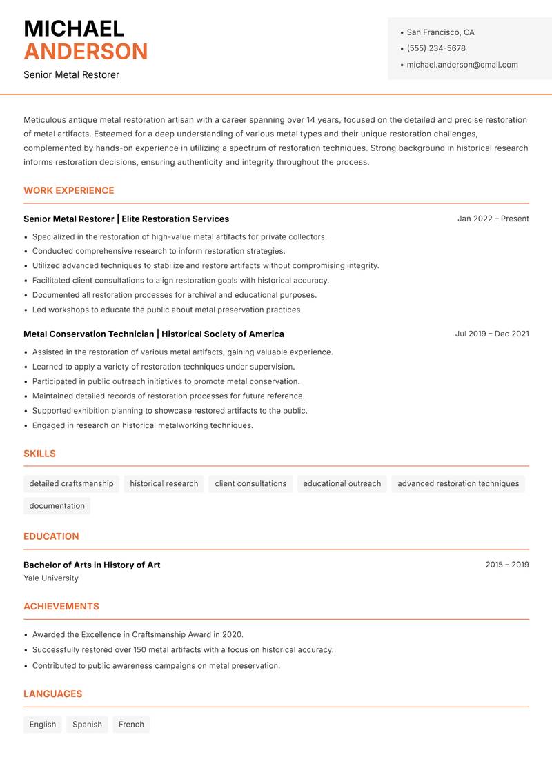 Antique Metal Restoration Specialist resume template — Modern Professional