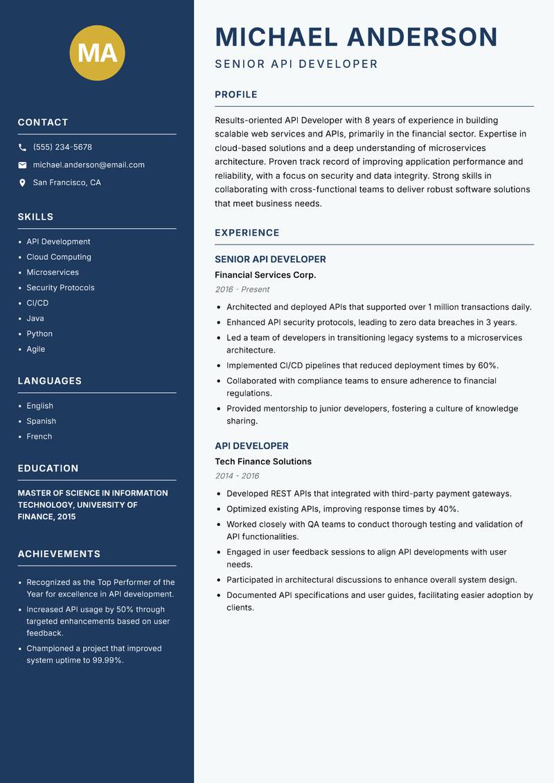 API Developer resume template — Classic Clean