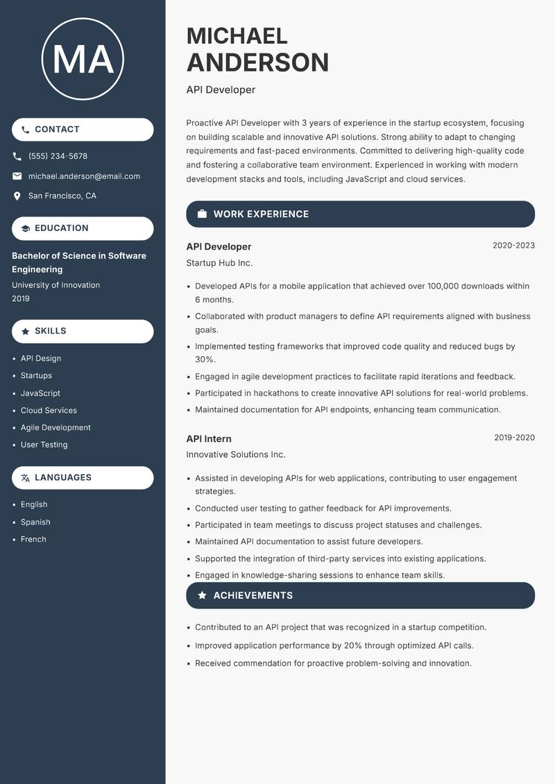 API Developer resume template — Compact