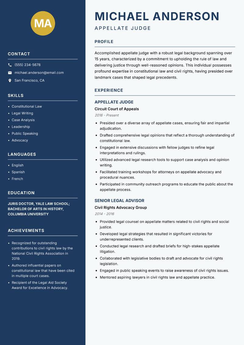 Appellate Judge resume template — Classic Clean