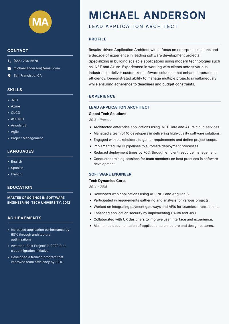 Application Architect resume template — Classic Clean