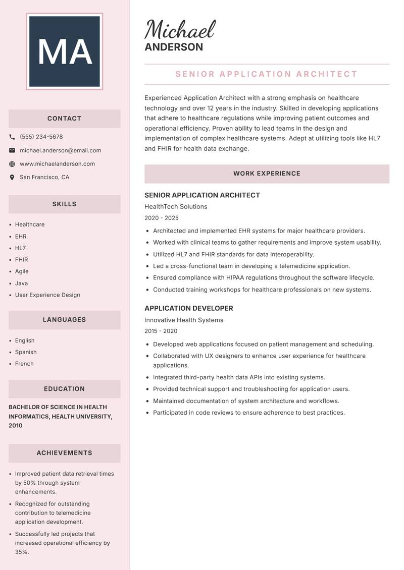 Application Architect resume template — Executive
