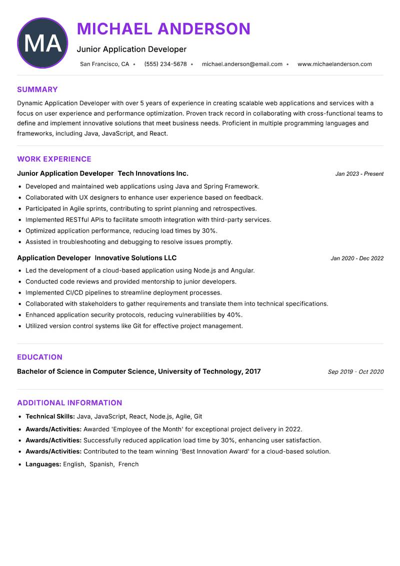 Application Developer resume example — ATS-friendly template