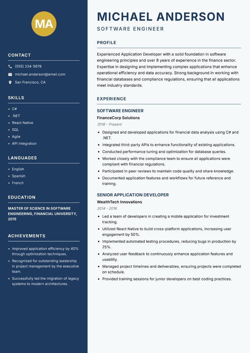 Application Developer resume template — Classic Clean