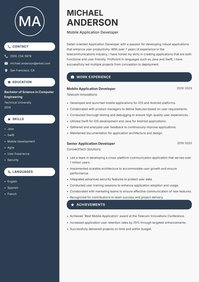 Application Developer resume template — Compact