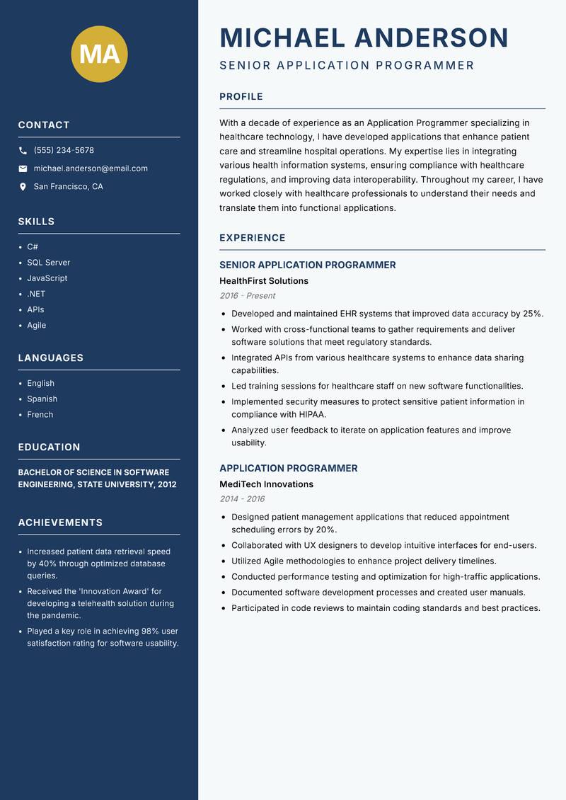 Application Programmer resume template — Classic Clean