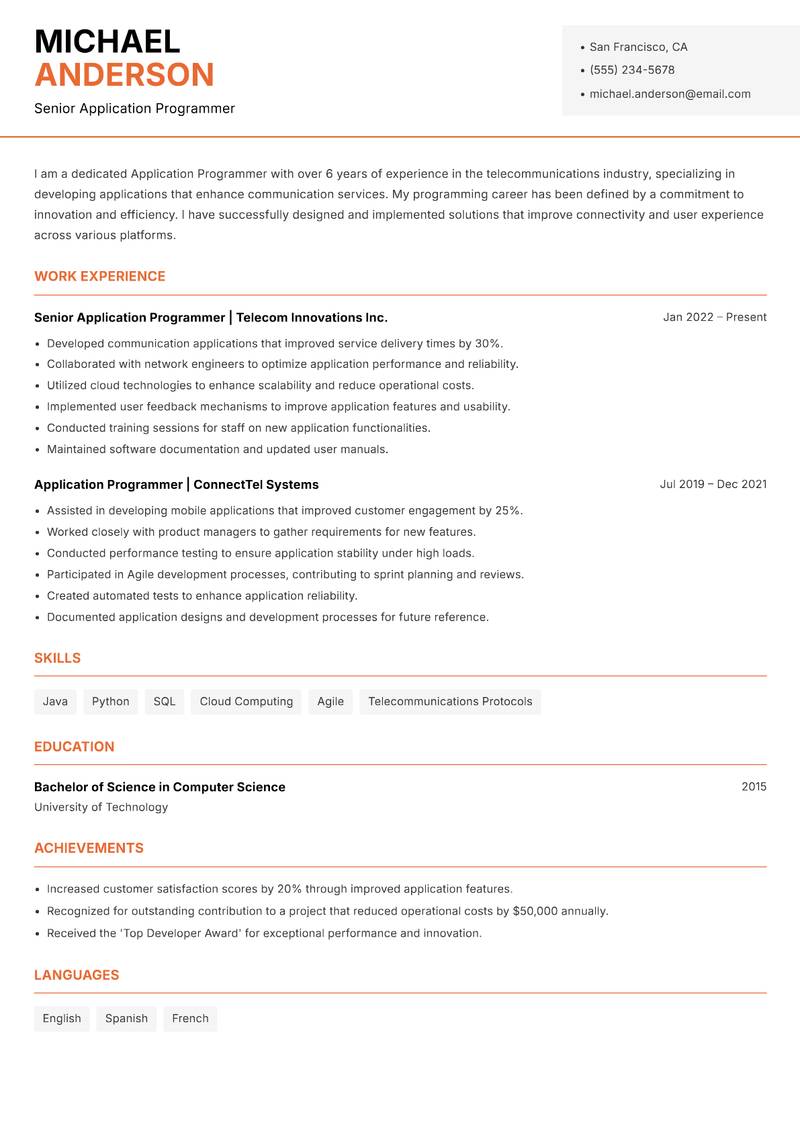 Application Programmer resume template — Modern Professional
