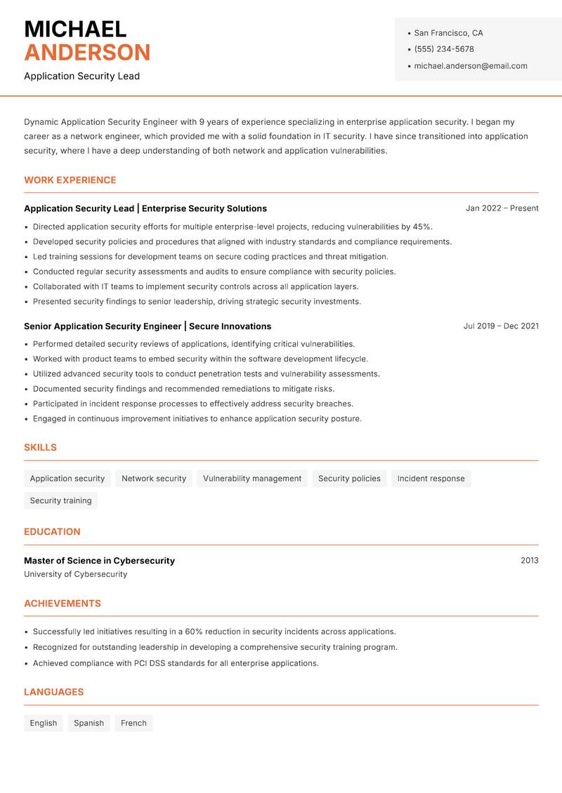 Application Security Engineer resume template — Modern Professional