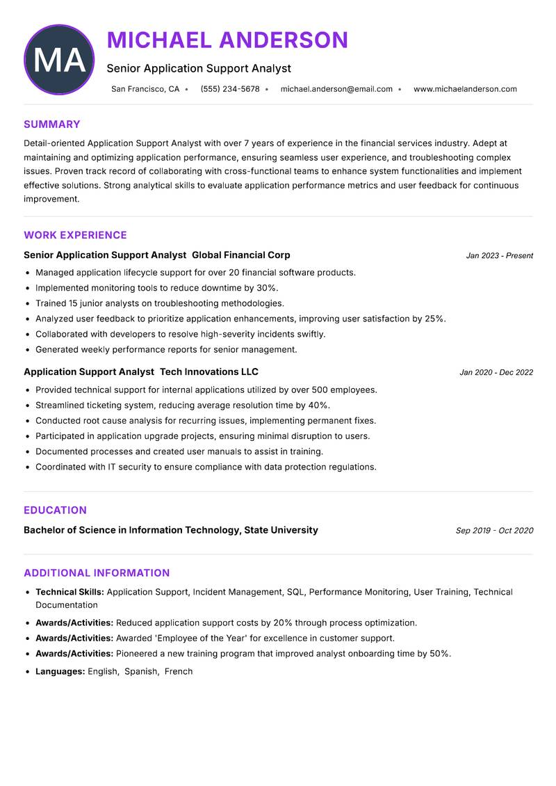 Application Support Analyst resume example — IT Support & Systems