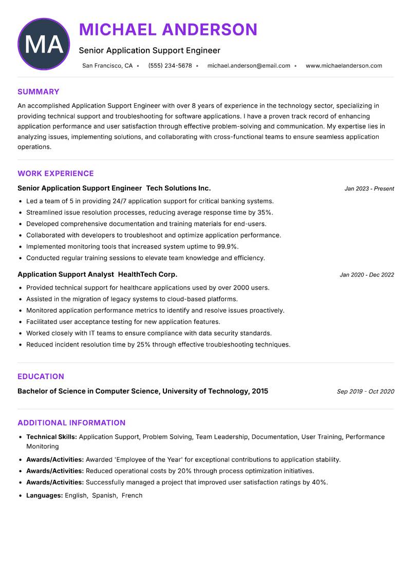 Application Support Engineer resume example — ATS-friendly template