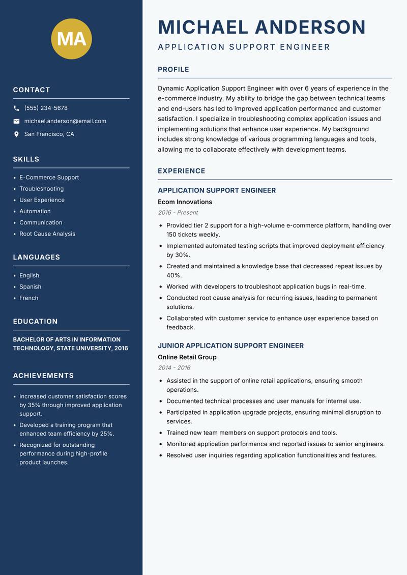Application Support Engineer resume template — Classic Clean