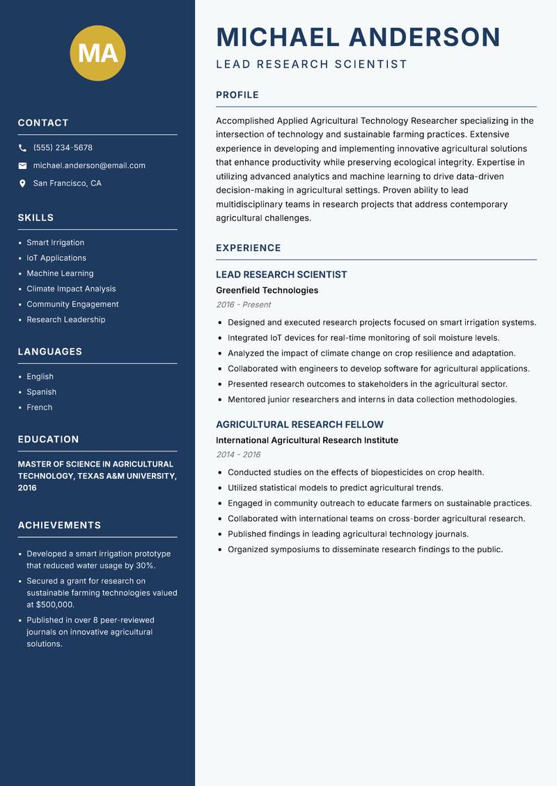 Applied Agricultural Technology Researcher resume template — Classic Clean