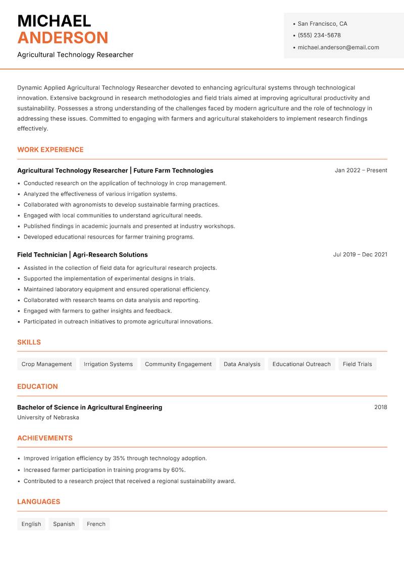 Applied Agricultural Technology Researcher resume template — Modern Professional