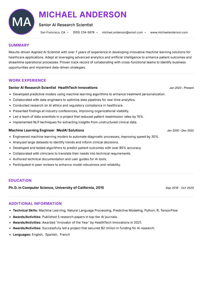 Applied AI Scientist resume example — ATS-friendly template