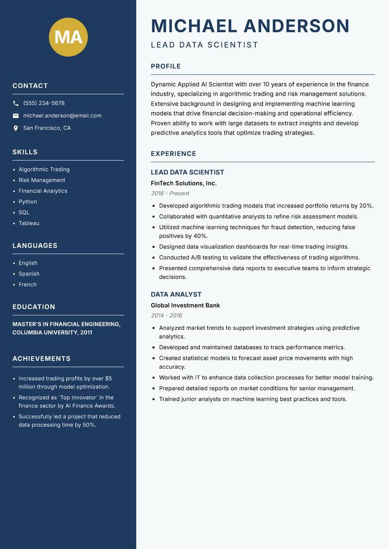 Applied AI Scientist resume template — Classic Clean
