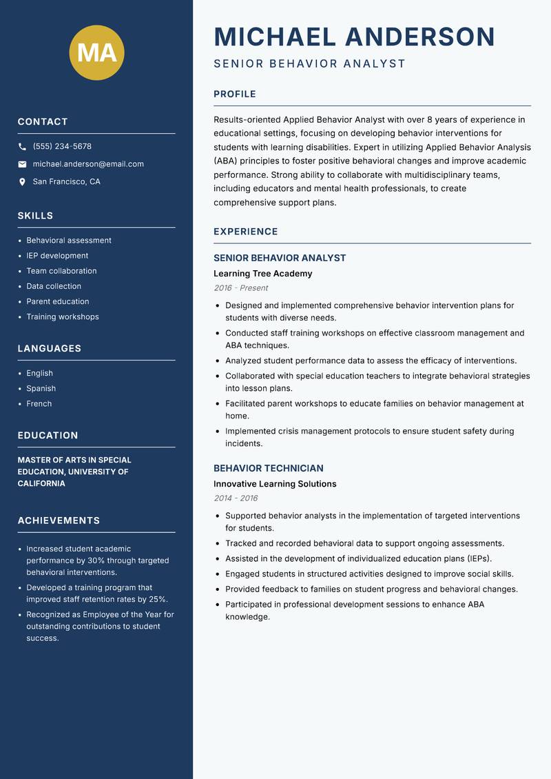 Applied Behavior Analyst resume template — Classic Clean
