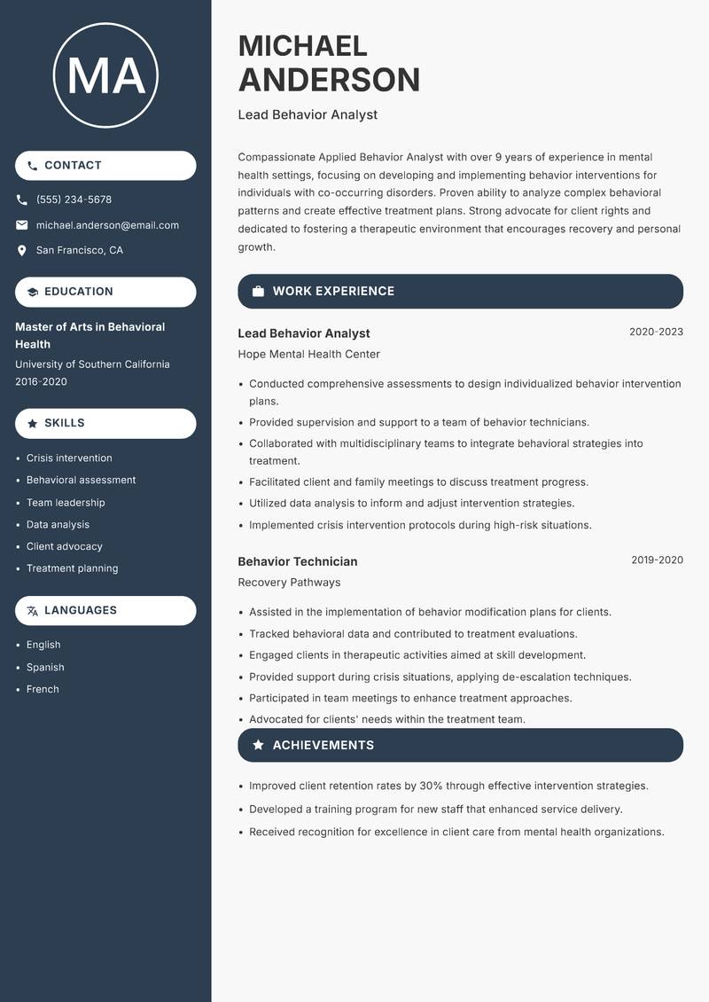 Applied Behavior Analyst resume template — Compact