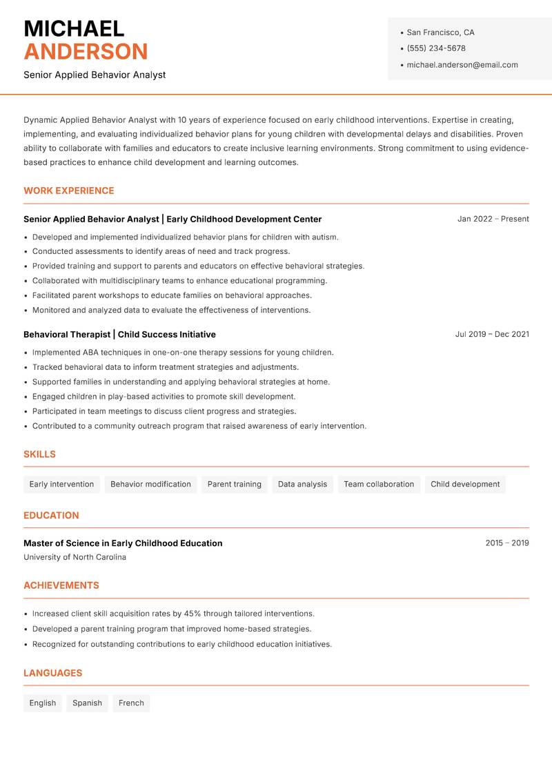 Applied Behavior Analyst resume template — Modern Professional