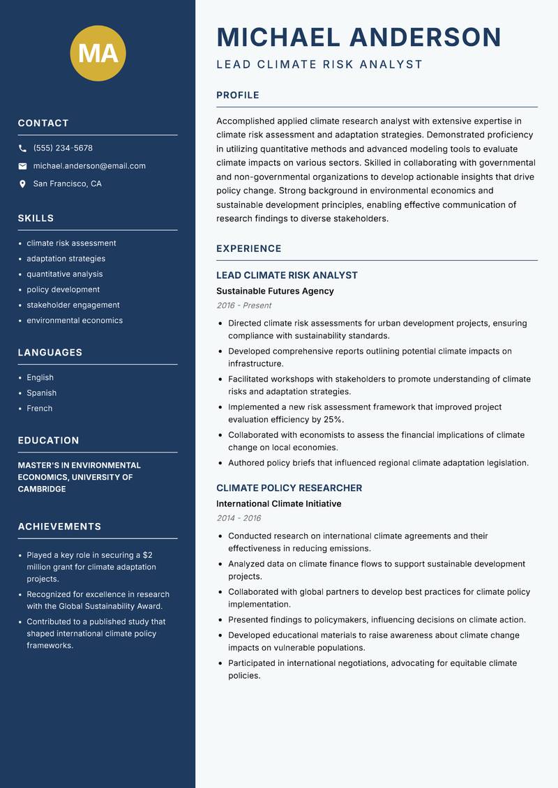 Applied Climate Research Analyst resume template — Classic Clean