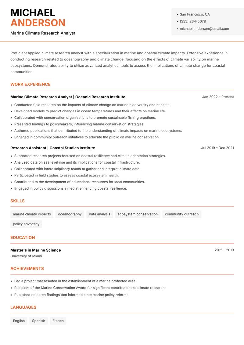 Applied Climate Research Analyst resume template — Modern Professional