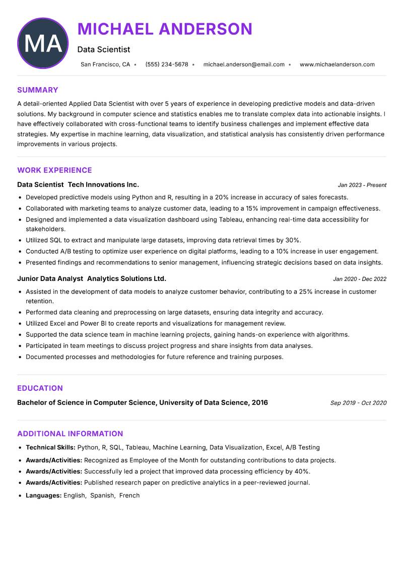 Applied Data Scientist resume example — ATS-friendly template