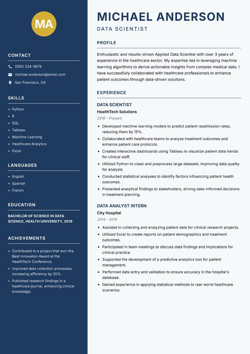 Applied Data Scientist resume template — Classic Clean