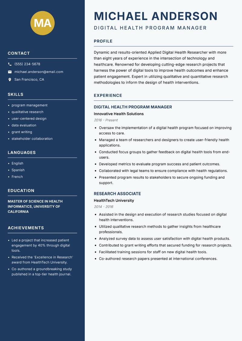 Applied Digital Health Researcher resume template — Classic Clean