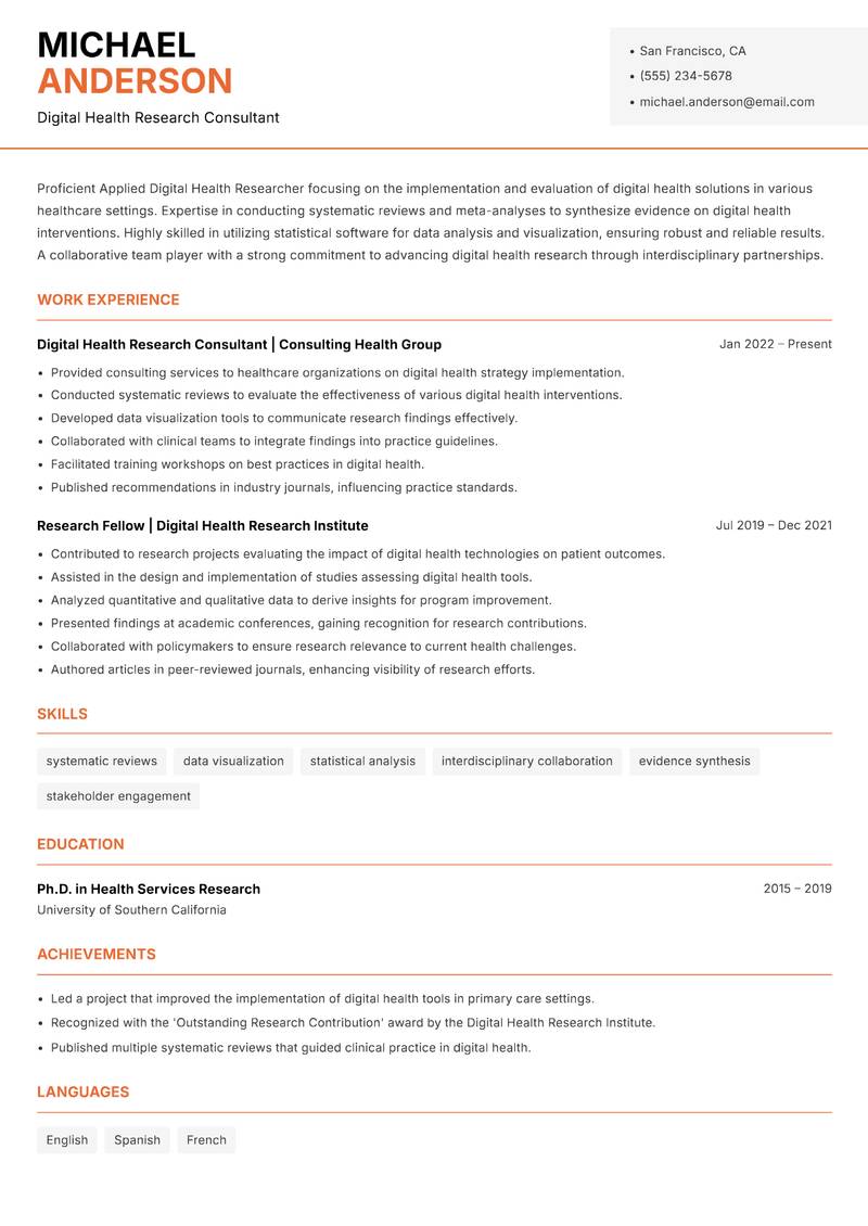 Applied Digital Health Researcher resume template — Modern Professional