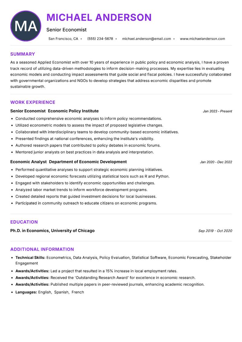 Applied Economist resume example — ATS-friendly template
