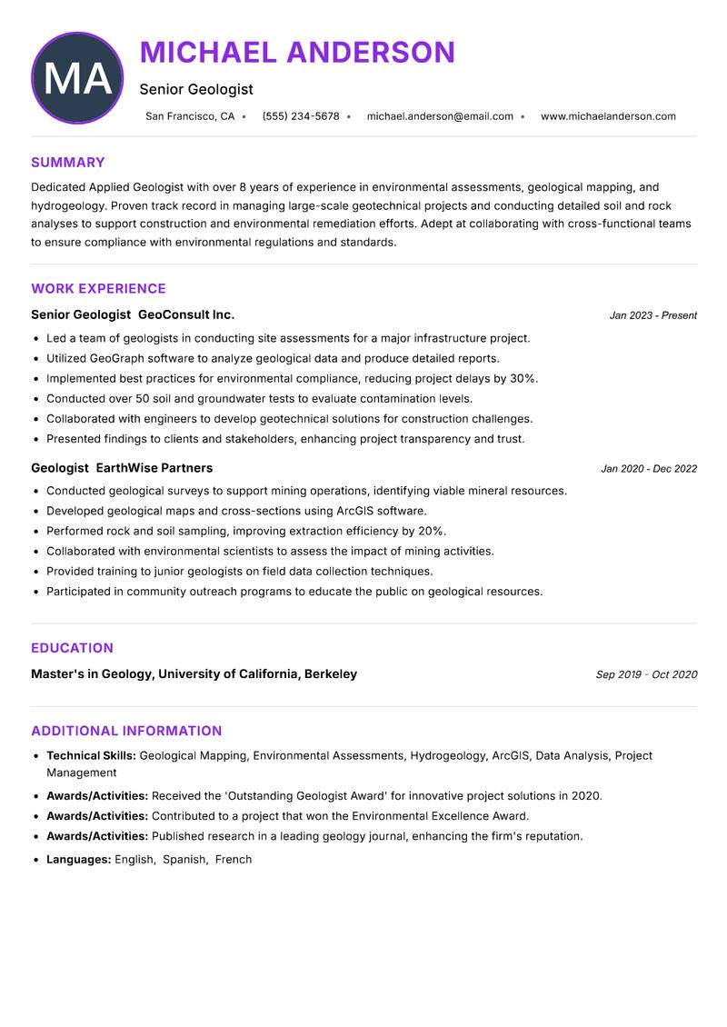 Applied Geologist resume example — Earth Sciences