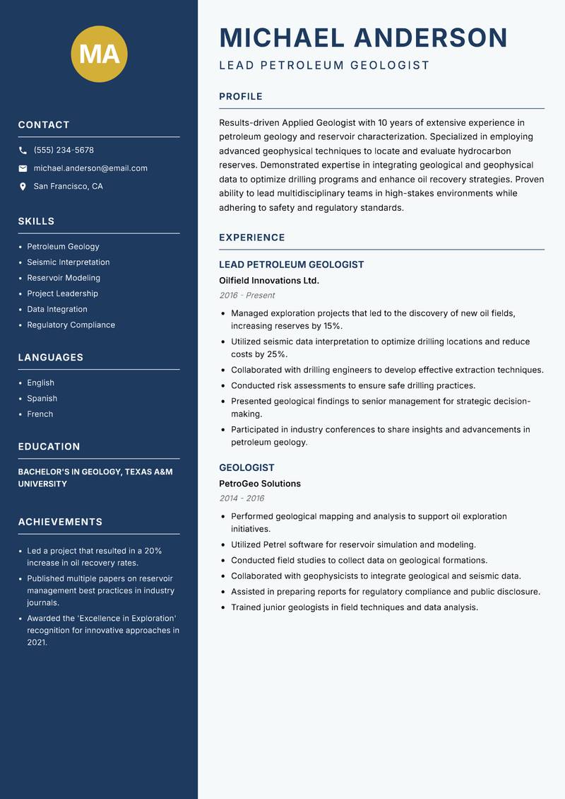 Applied Geologist resume template — Classic Clean