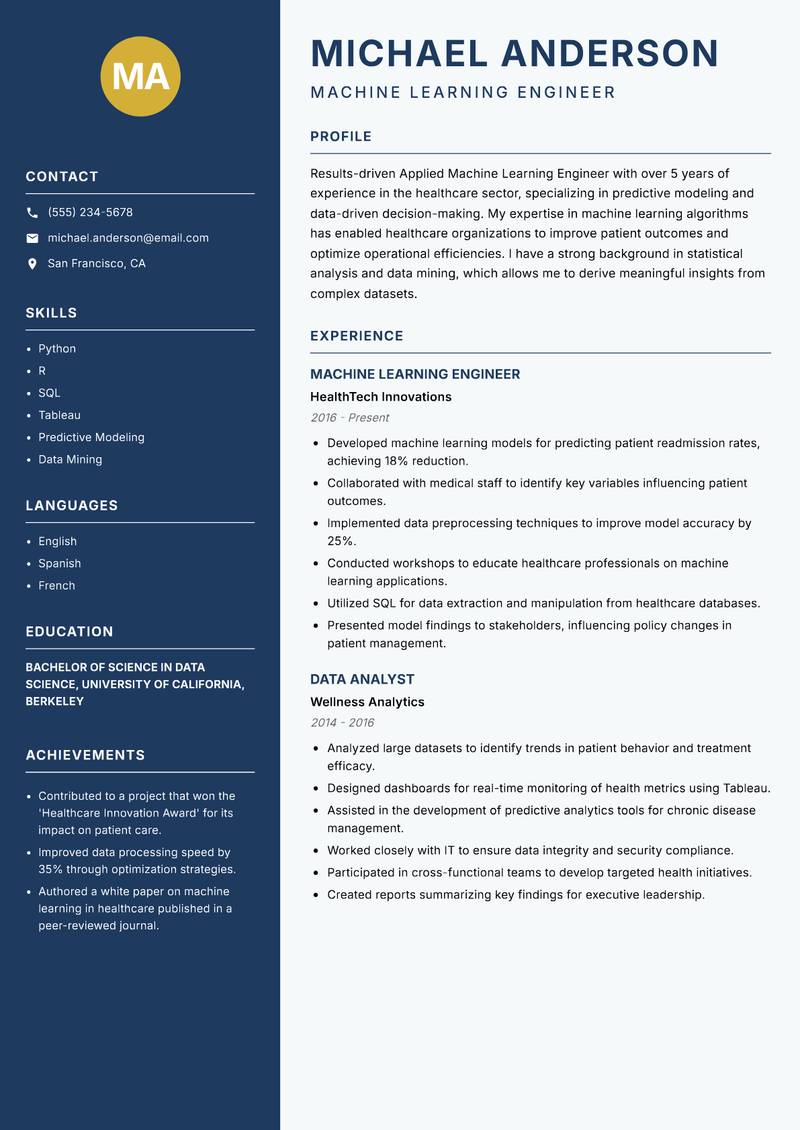 Applied Machine Learning Engineer resume template — Classic Clean