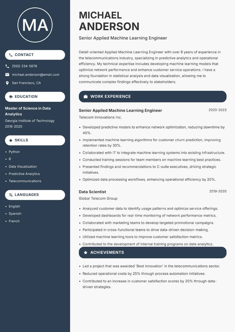 Applied Machine Learning Engineer resume template — Compact