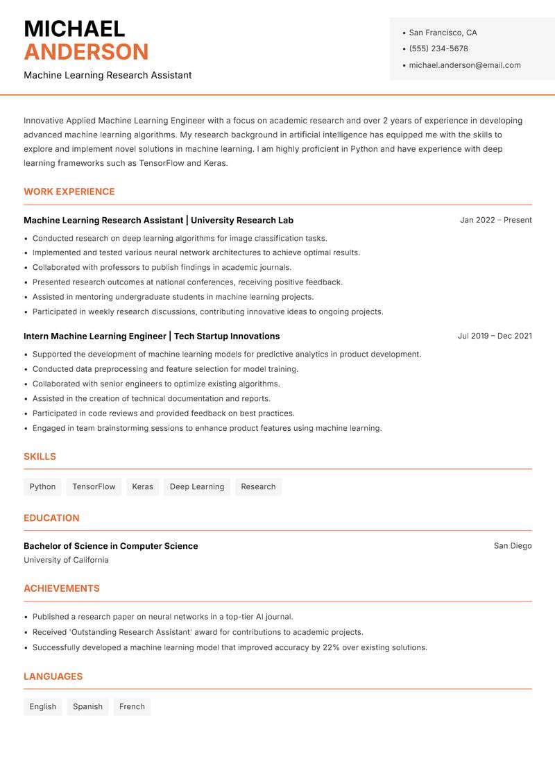 Applied Machine Learning Engineer resume template — Modern Professional
