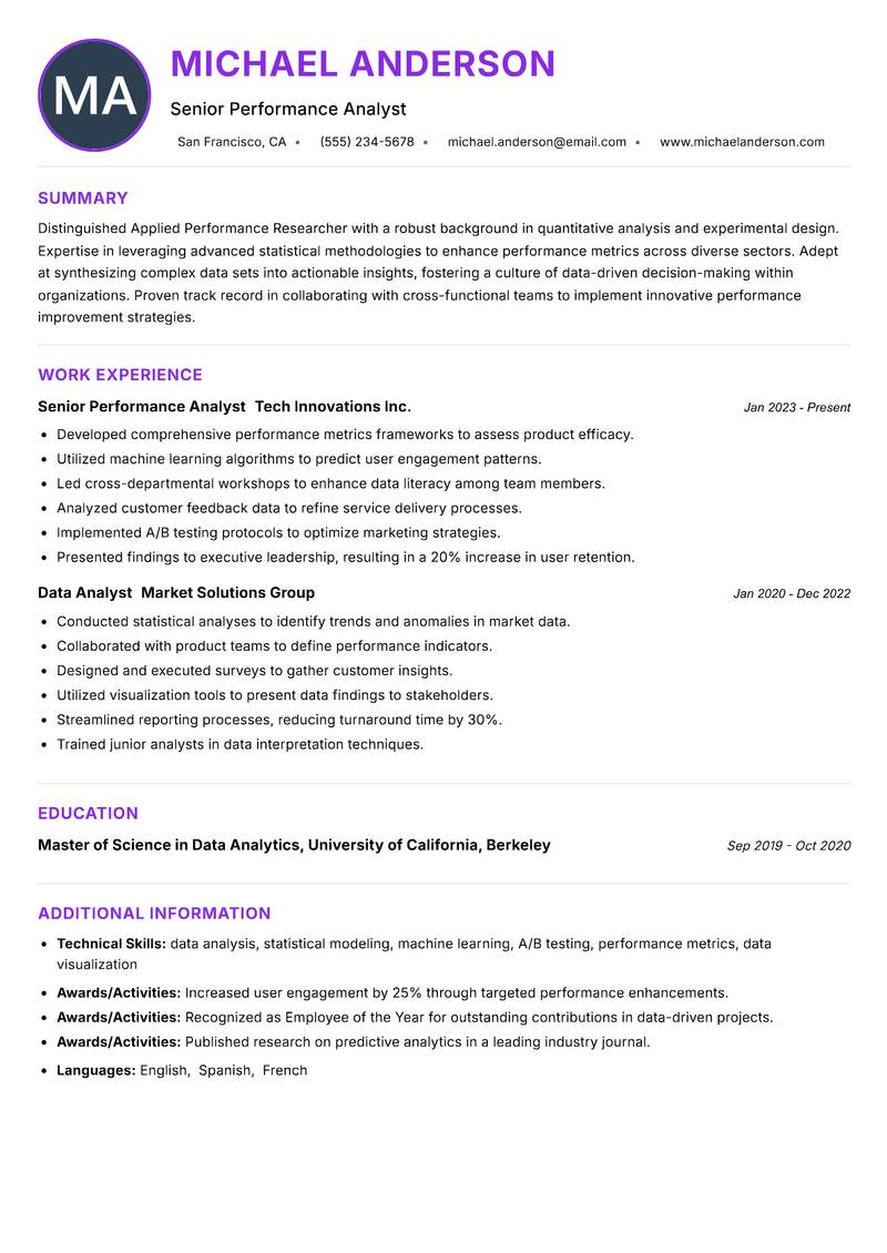 Applied Performance Researcher resume example — Sports Science