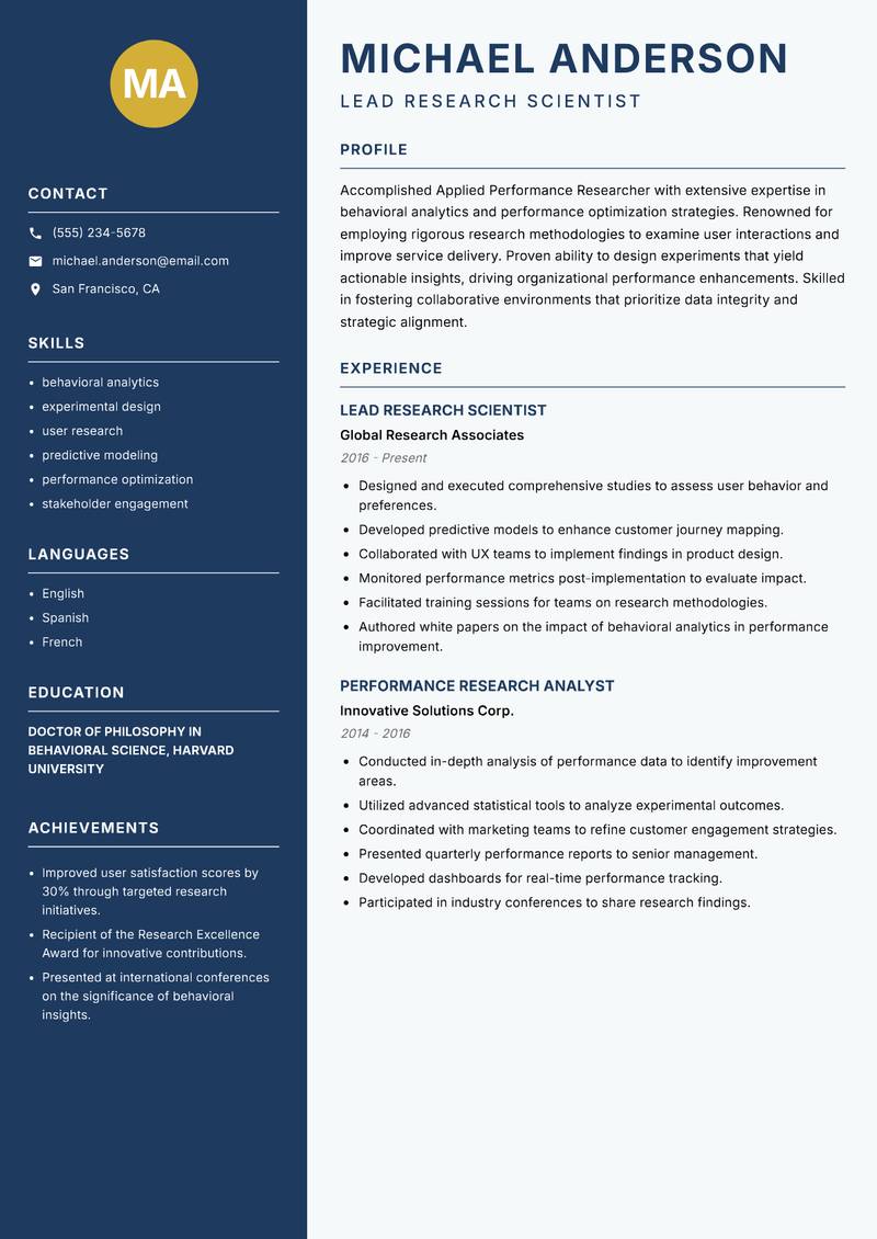 Applied Performance Researcher resume template — Classic Clean