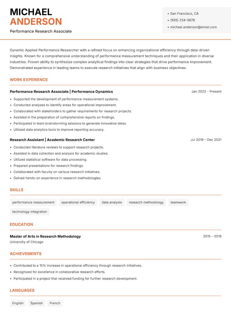 Applied Performance Researcher resume template — Modern Professional