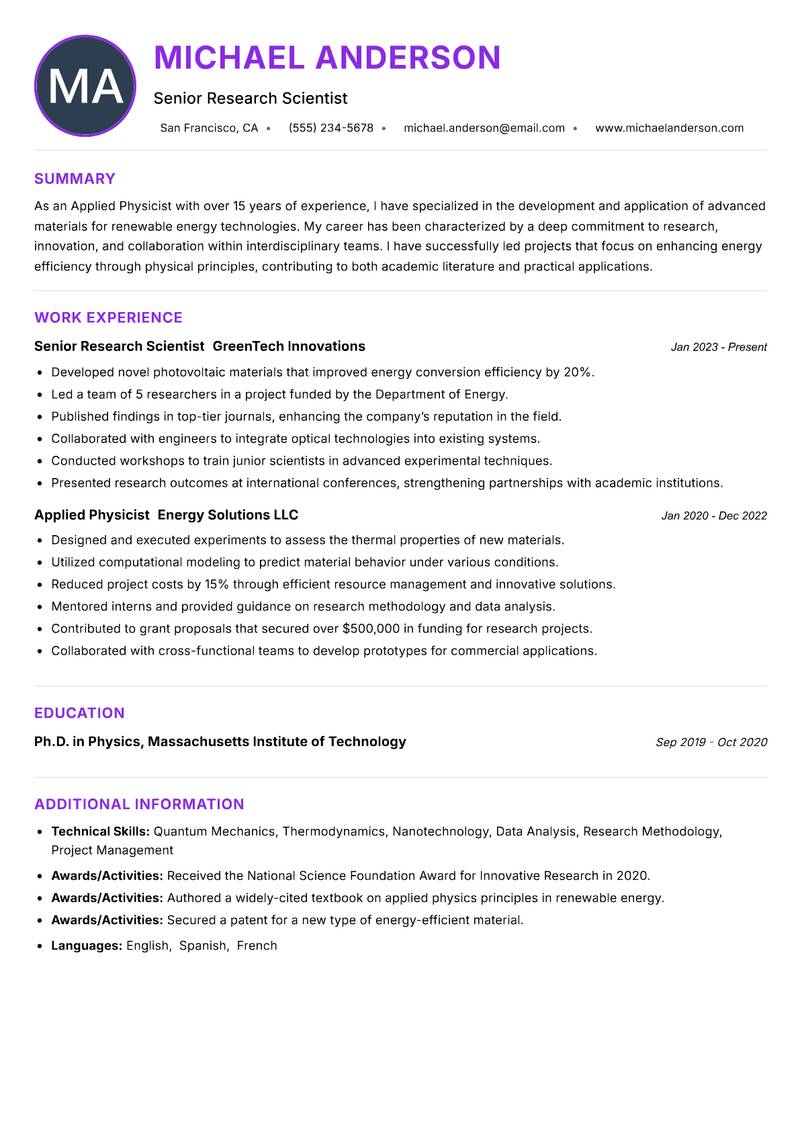 Applied Physicist resume example — ATS-friendly template
