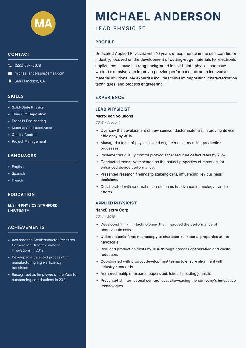 Applied Physicist resume template — Classic Clean
